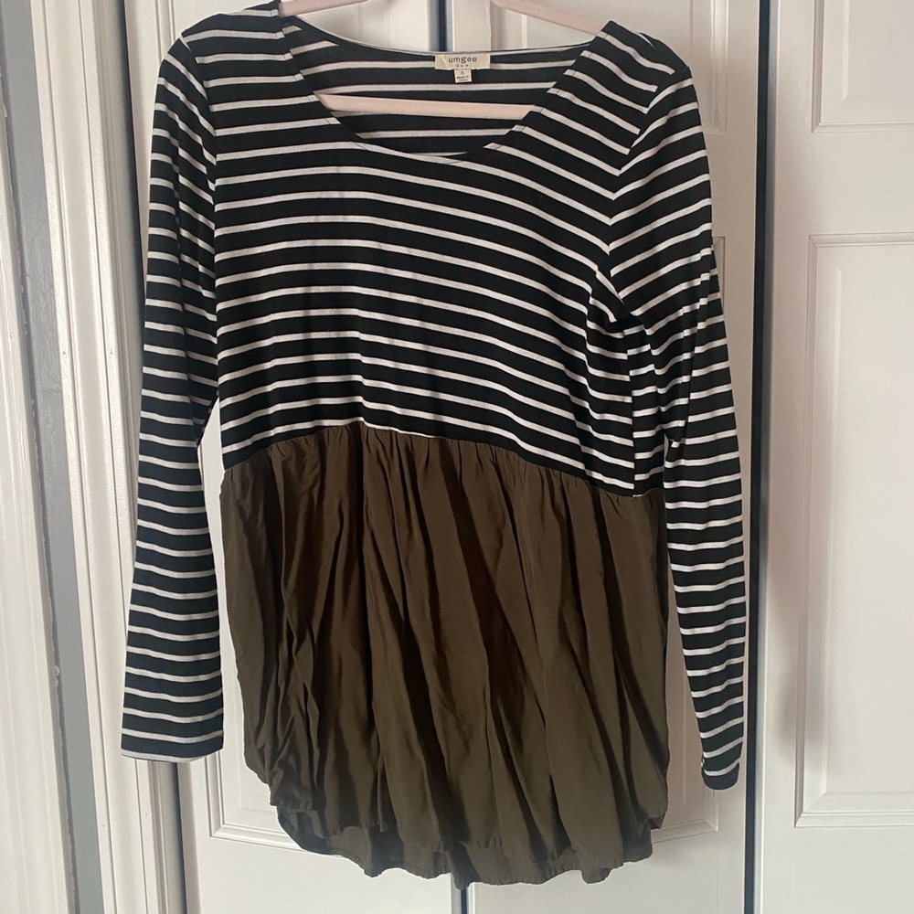 Umgee Black and White Striped Top with Olive Bottom